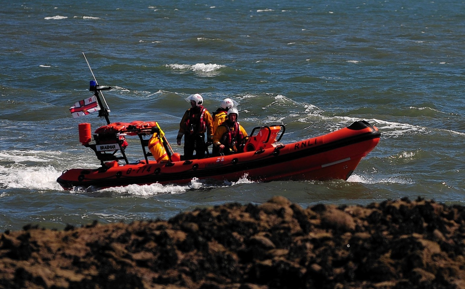 An RNLI lifeboat as the search continues on the east coast of north sea near Gourdon, Aberdeenshire